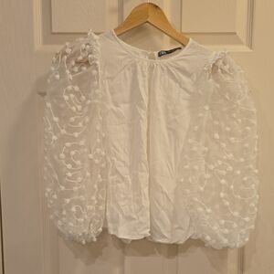 Zara White Blouse with Sheer Embroidered Sleeves